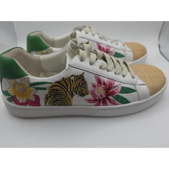 JOHNNY WAS Maisie White Leather Tropical Tiger Embroidered Sneakers ~ Womens 7.5 - Picture 6 of 13